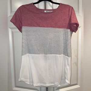 Colorblock Stripe Short Sleeve Top - Rose, Gray & White